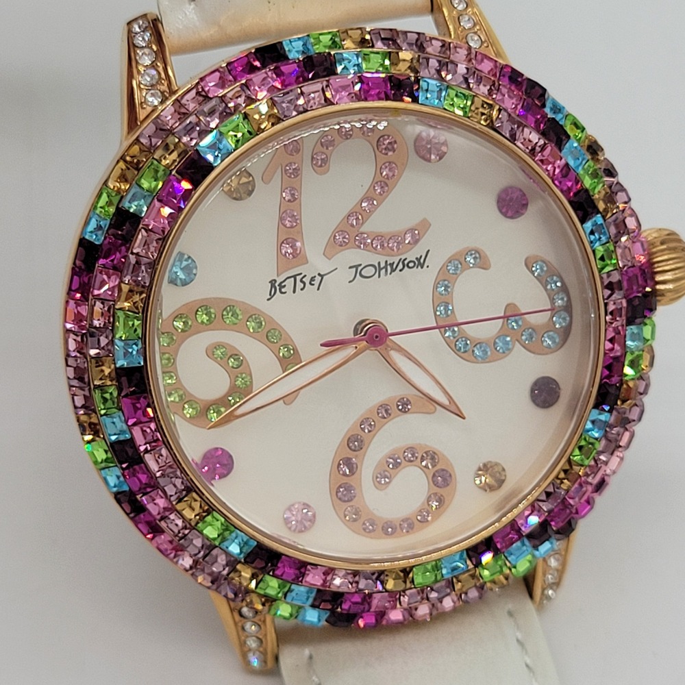 Betsey Johnson BJ00226-04 Rainbow Crystal Rose Gold Watch White Leather Strap